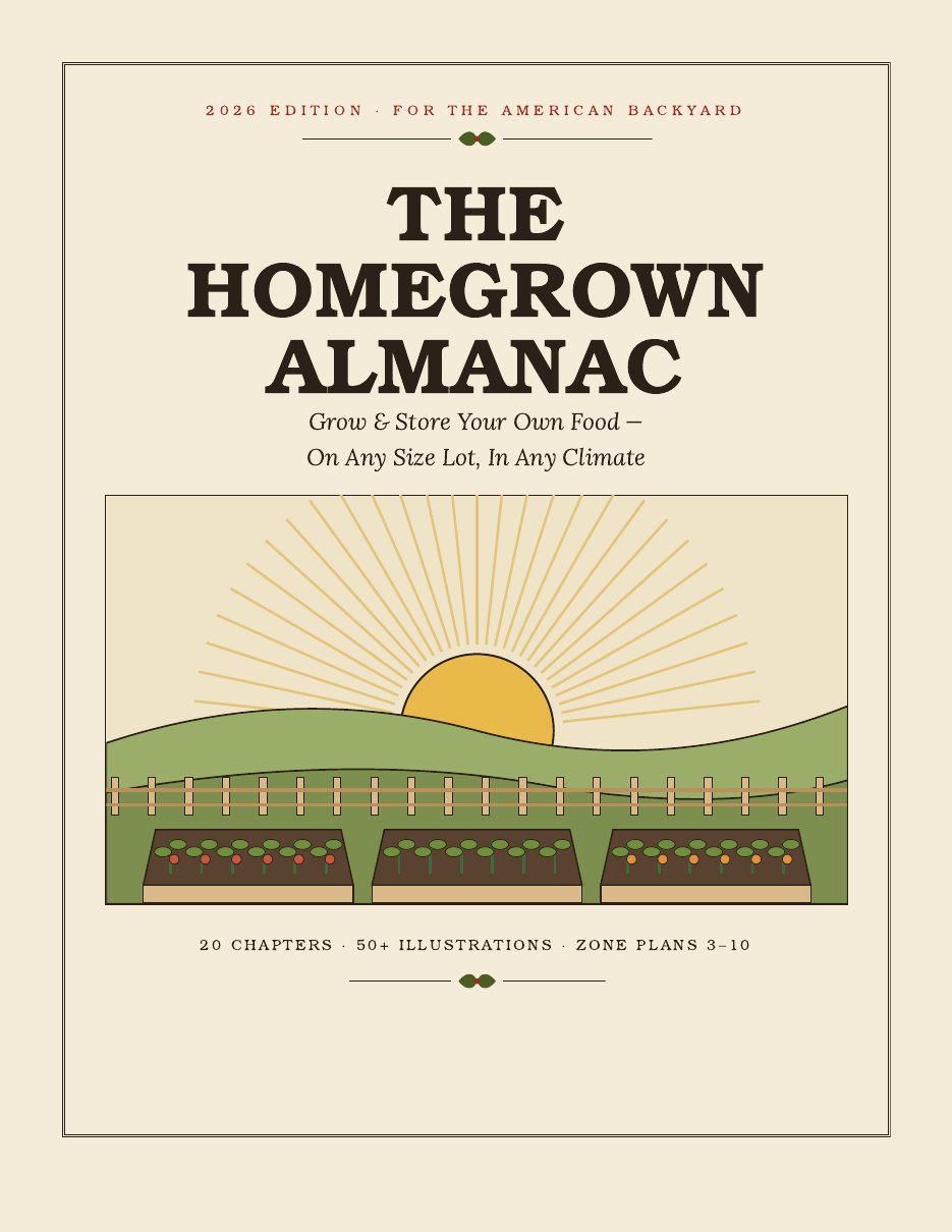 The Homegrown Almanac cover: a sunrise over three raised garden beds