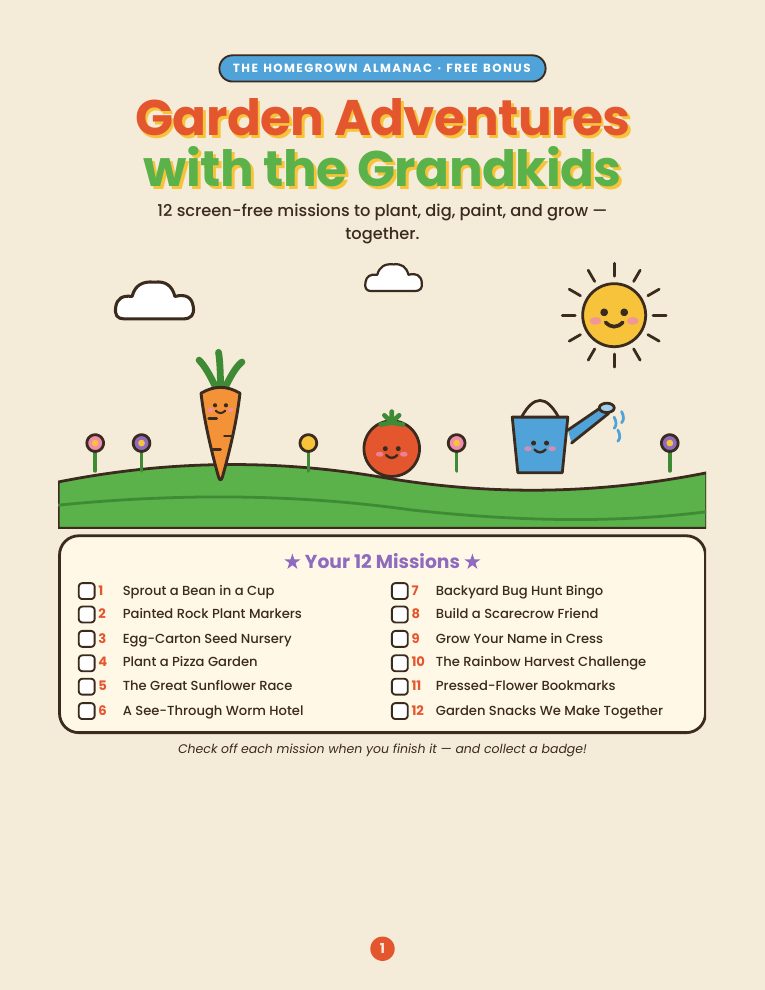 Cover of Garden Adventures with the Grandkids, with a smiling carrot, tomato and watering can